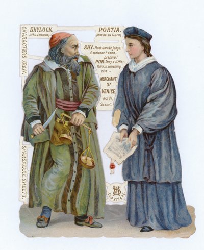 Utklipp av Shylock og Portia fra The Merchant of Venice av English School