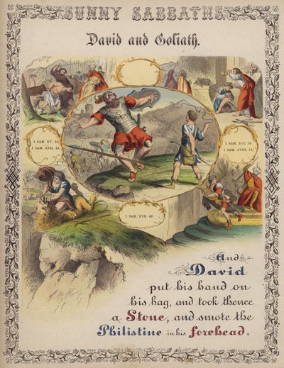 David og Goliat (farget gravering) av English School