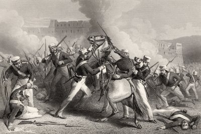 Brigadier Adrian Hopes død i angrepet på Fort of Roodmow, 15. april 1858, fra "The History of the Indian Myttery" publisert i 1858 av English School