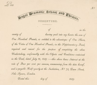 Obligasjonsbrev for Royal Dramatic School and Theatre, 73 Dean Street, Soho Square, London av English School