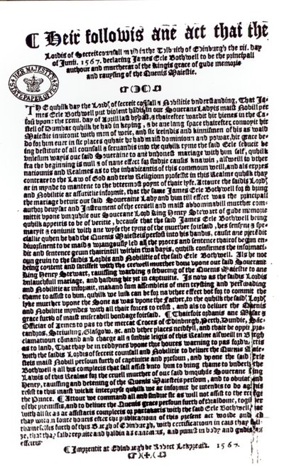 Erklæring fra Lords som indikerer jarlen av Bothwell som morderen til Lord Darnley, 1567 (penn og blekk på papir) av English School