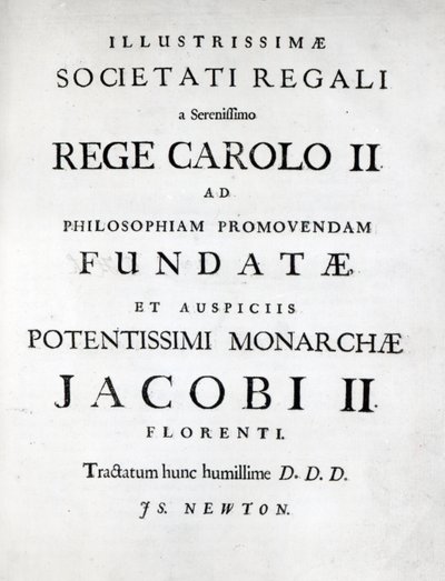 Dedikasjon til Royal Society av den første utgaven av Newtons Philosophiae Naturalis Principia Mathematica, 1687 av English School