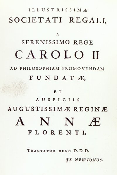 Dedikasjon til Royal Society of the Second Edition av Newtons Philosophiae Naturalis Principia Mathematica. 1713 av English School