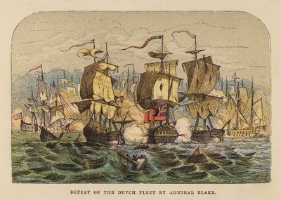 Nederlag av den nederlandske flåten av admiral Blake (farget gravering) av English School