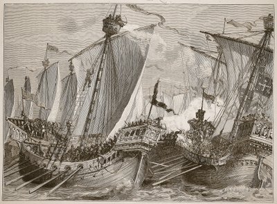Nederlag av den franske flåten i Den engelske kanal, illustrasjon fra Cassells Illustrated History of England (sepia-bilde) av English School