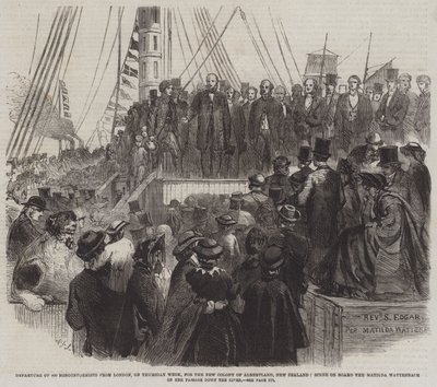Avgang for 800 ikke-konformister fra London, torsdag uke, til New Colony of Albertland, New Zealand, scene om bord på Matilda Wattenbach på hennes passasje nedover elven (gravering) av English School