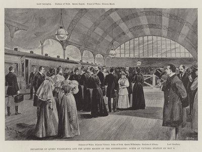 Dronning Wilhelminas og dronningens regent av Nederland, scene på Victoria Station 9. mai (litho) av English School