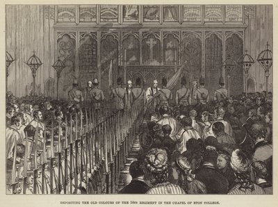 Deponerer de gamle fargene til det 14. regiment i kapellet ved Eton College (gravering) av English School