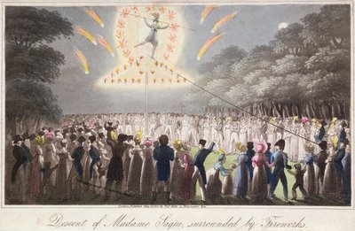 Descent of Madame Saqui, omgitt av fyrverkeri, utgitt av Thomas Kelly (fl.1820-55) London av English School