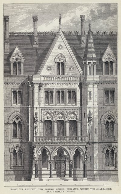 Design for foreslått nytt utenrikskontor, inngang i firkanten (gravering) av English School