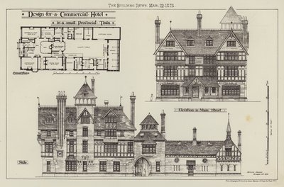 Design for et kommersielt hotell, i en liten provinsby (gravering) av English School
