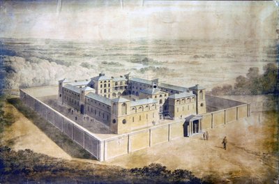 Design for et nyklassisk fengsel, ca. 1790 (akvarell på papir) av English School