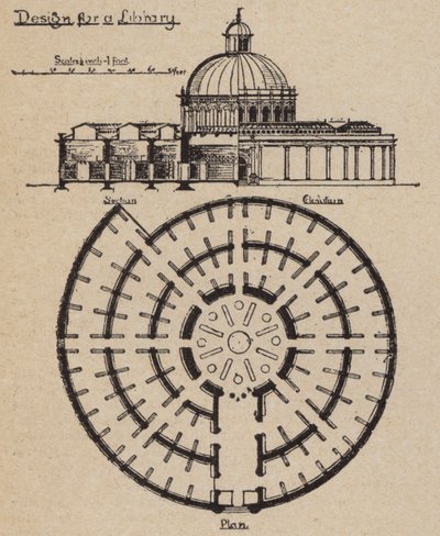 Design for et uendelig utvidbart bibliotek (litho) av English School