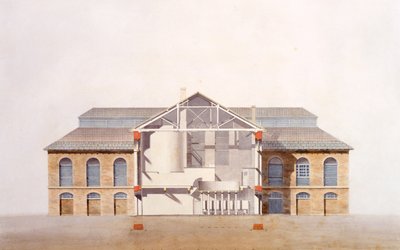 Design for Stag Brewhouse, original manuskripttegning fra kontoret til George Saunders, ca. 1807 (blyant, wc og penn og blekk på papir) av English School