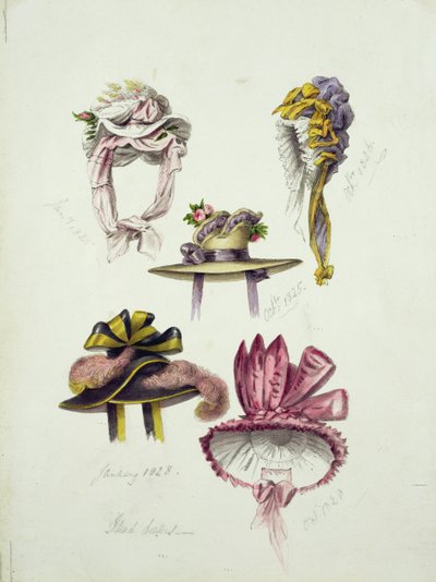 Design for Regency Hats, 1828 (wc med blyant på papir) av English School