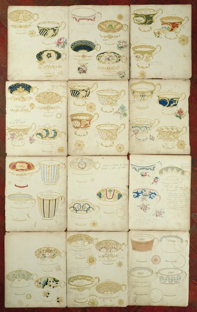 Design for tekopper produsert på Daniel Factory, Staffordshire, ca. 1845 (gouache, wc og blekk på papir) av English School