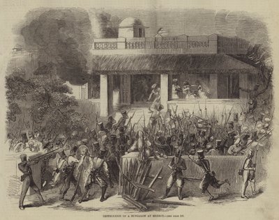 Ødeleggelse av en bungalow ved Meerut (gravering) av English School
