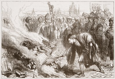 Ødeleggelse av verkene til Wickliffe i Praha, illustrasjon fra The History of Protestantism av James Aitken Wylie (1808-1890), pub. 1878 av English School