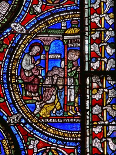 Detalj fra en av bibelvinduene som viser St. Peters forkynnelse av English School