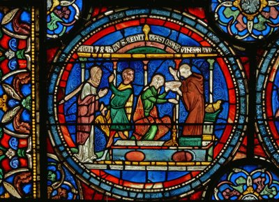 Detalj fra Miracle Window som viser Audrey fra Canterbury som tar helbredende vann av English School