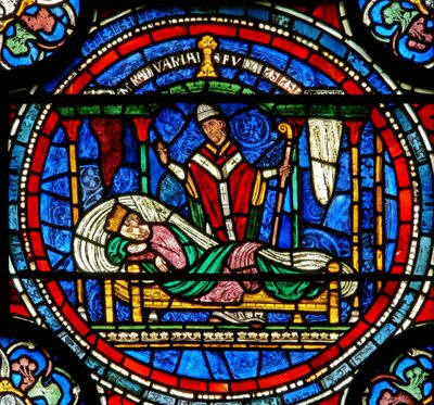 Detalj fra mirakelvinduet som viser at kong Louis VII blir fortalt av Thomas å gå til graven hans av English School