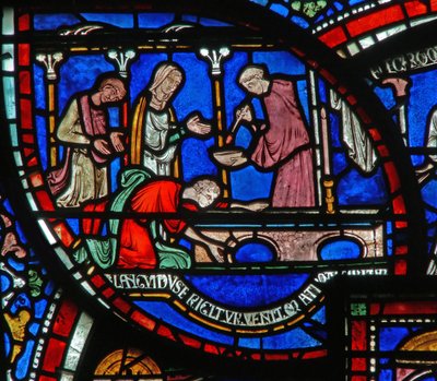 Detalj fra Miracle Window som viser Richard Sunieves historie av English School