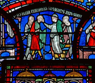 Detalj fra Miracle Window som viser Richard Sunieves historie av English School