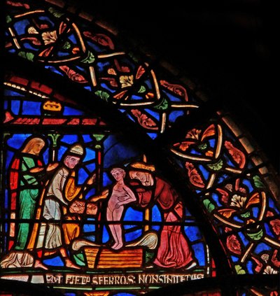 Detalj fra mirakelvinduet som viser spedbarnet Geoffrey av Winchester som gir et offer ved graven til St. Thomas av English School
