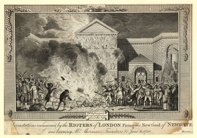 Ødeleggelser forårsaket av Rioters of London avfyring av New Gaol of Newgate og brenning av Mr Akermans Furniture, 6. juni 1780 av English School