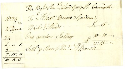 Devonshire MSS AS 3101, folio fra en bunt med sedler oppgjort av Pinder Simpson for Lord George Cavendish, inkludert Alexander Bowies regning av English School