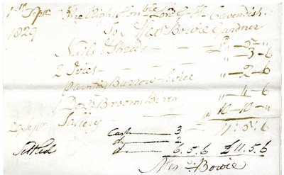 Devonshire MSS AS 3101, folio fra en bunt med sedler oppgjort av Pinder Simpson for Lord George Cavendish, inkludert Alexander Bowies regning av English School