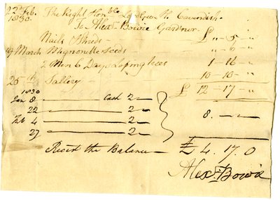 Devonshire MSS AS 3101, folio fra en bunt med sedler oppgjort av Pinder Simpson for Lord George Cavendish, inkludert Alexander Bowies regning av English School