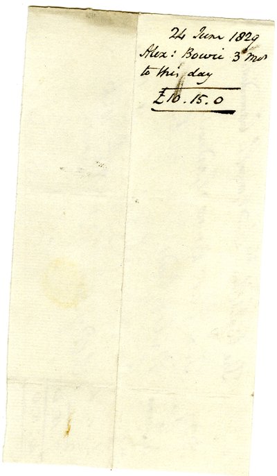 Devonshire MSS AS 3101, folio fra en bunt med sedler oppgjort av Pinder Simpson for Lord George Cavendish, inkludert Alexander Bowies regning av English School