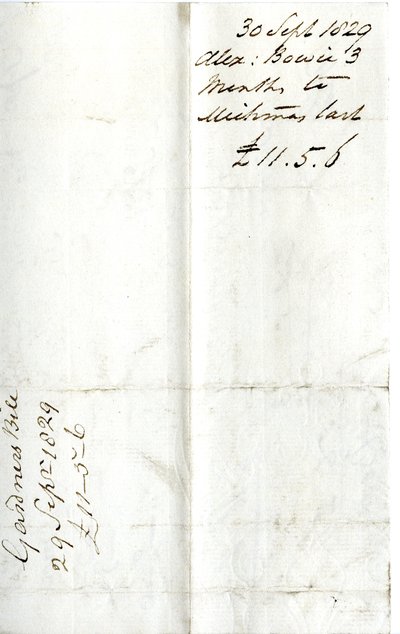 Devonshire MSS AS 3101, folio fra en bunt med sedler oppgjort av Pinder Simpson for Lord George Cavendish, inkludert Alexander Bowies regning av English School