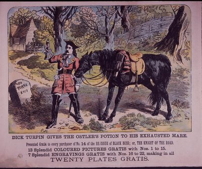Dick Turpin med hesten sin Black Bess på vei til York (farge litho) av English School