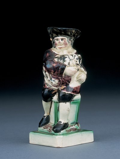 Dick Whittington kanne, støpt opp fra en stol med høy rygg, holder katten sin, sprutet i brune, grønne og svarte klær, et støpt skjold ved siden, ca. 1790 av English School