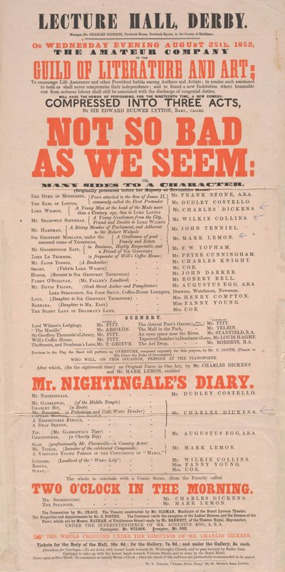 Dickens playbill: Not So Bad As We Seem at Lecture Hall, Derby, program for 25. august 1852 av English School