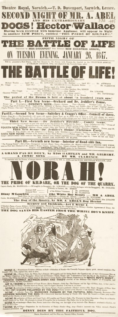 Dickens playbill: The Battle of Life, på Theatre Royal, Norwich, 26. januar 1847 av English School