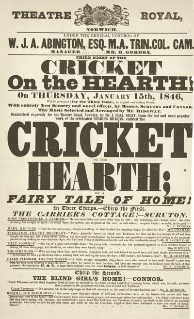 Dickens playbill: The Cricket on the Hearth på Theatre Royal, Derby, 15. januar 1846 av English School