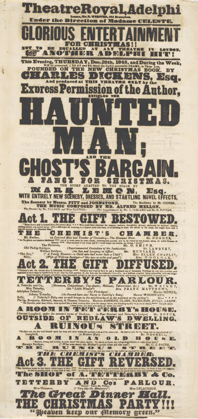 Dickens playbill: The Haunted Man, på Adelphi Theatre Royal, 28. desember 1848 av English School