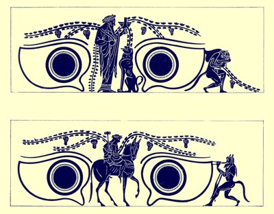 Dionysos, Hephaistos and satyrs, illustrasjon fra greske vasemalerier av J. E. Harrison og D. S. MacColl, utgitt 1894 (digitalt forbedret bilde) av English School