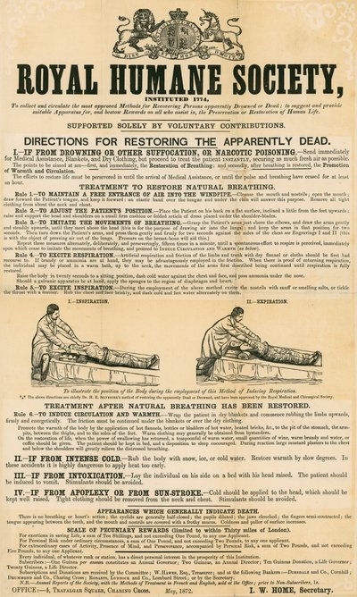 Instruksjoner for å gjenopprette de tilsynelatende døde; utstedt av Royal Humane Society, mai 1872 av English School