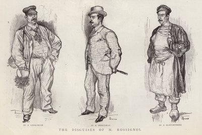 Forkledninger brukt av den parisiske politidetektiven Gustave Rossignol (litho) av English School