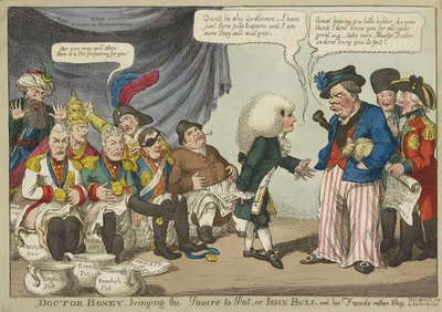 Doctor Boney_bringing the Powers to Pot, eller John Bull og vennene hans ganske sjenerte, pub. 1808 (håndfarget gravering) av English School