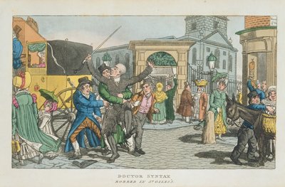 Doctor Syntax ranet i St. Giless, fra The Tour of Doctor Syntax gjennom London, eller The Pleasures and Miseries of the Metropolis. Et dikt, utgitt 1820 (akvatint) av English School