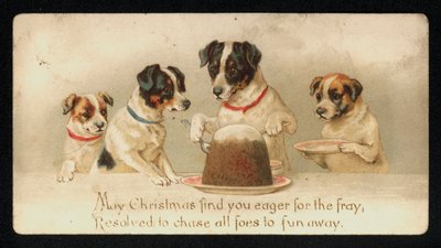 Hunder som serverer en julepudding, gratulasjonskort. (chromolitho) av English School
