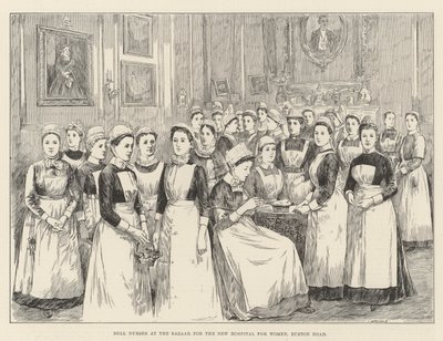 Dukkesykepleiere ved basaren for det nye sykehuset for kvinner, Euston Road (gravering) av English School