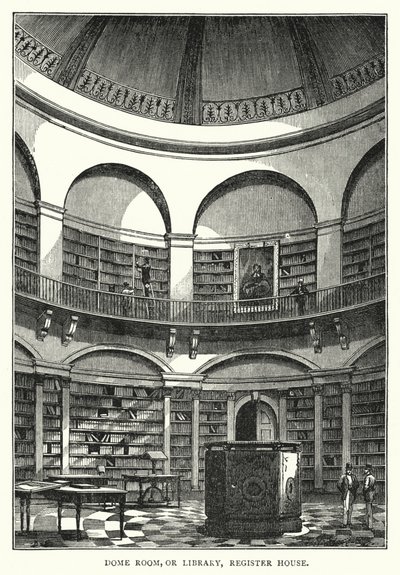 Kuppelrom, eller bibliotek, registerhus (gravering) av English School