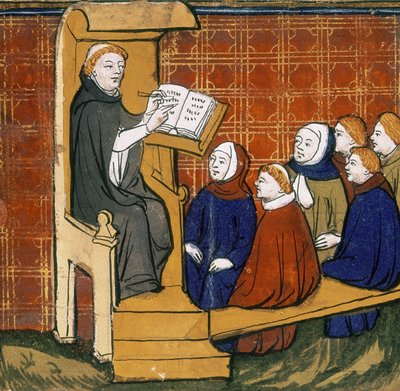 Dominikansk lærer, sittende med bok plassert på en talerstol, med elever sittende på bakken foran seg. ""Livre des Proprietes des Choses"", tidlig på det femtende århundre. av English School