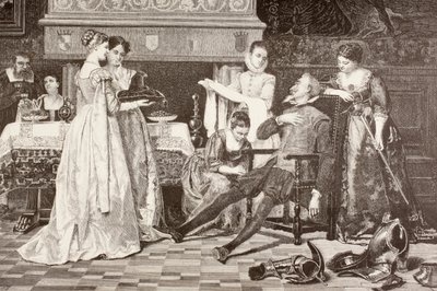 Don Quijote i huset til hertugen og hertuginnen (litho) av English School
